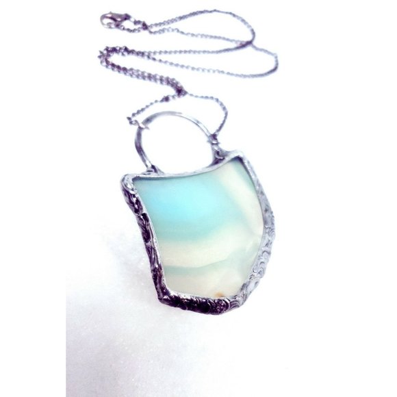Blue agate crystal necklace handmade gothic metalwork fantasy jewelry beach gems - Picture 2 of 12